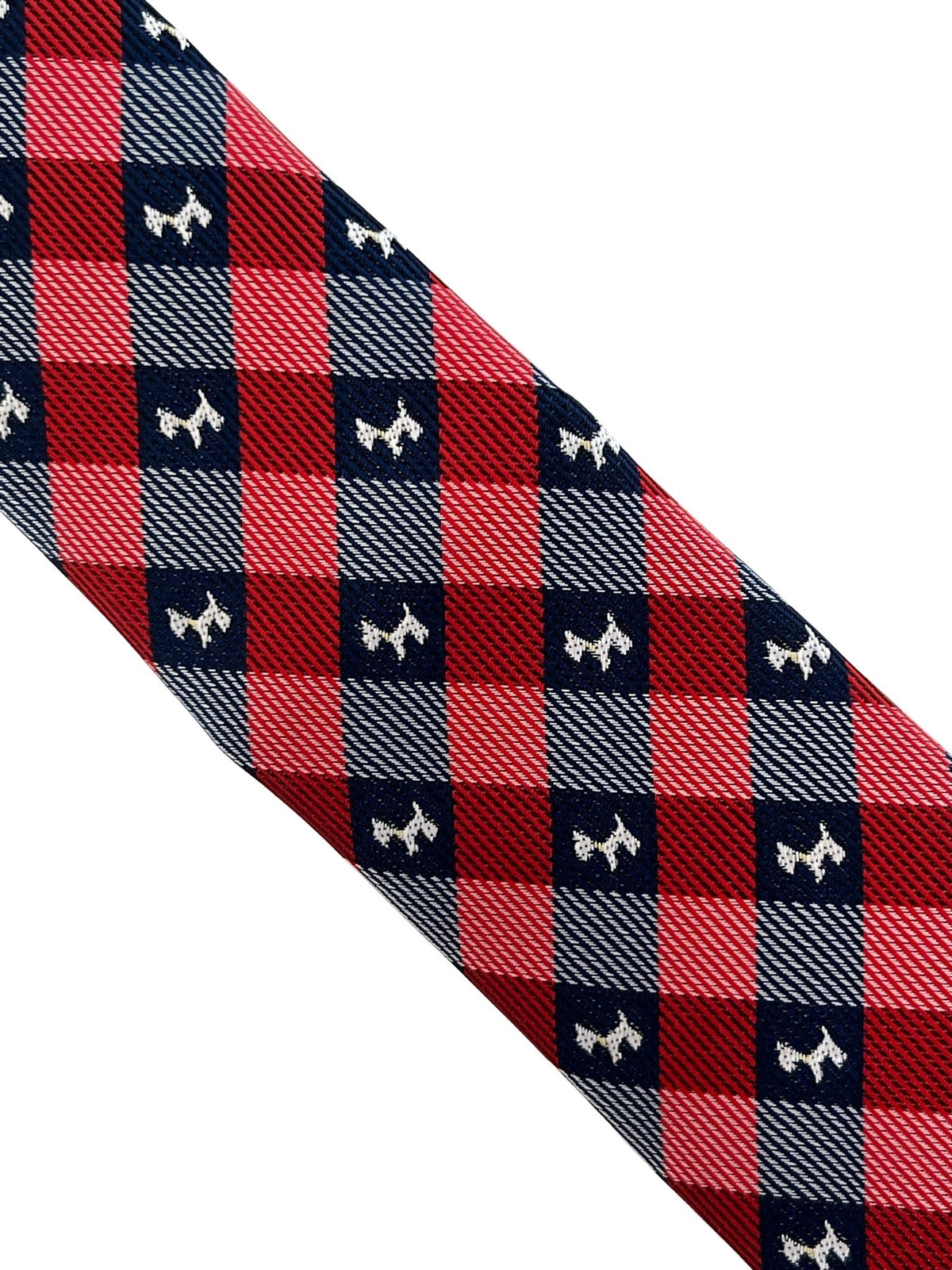 red and dark navy blue plaid gingham style  tie with scottie dog, Scottish Terrier design