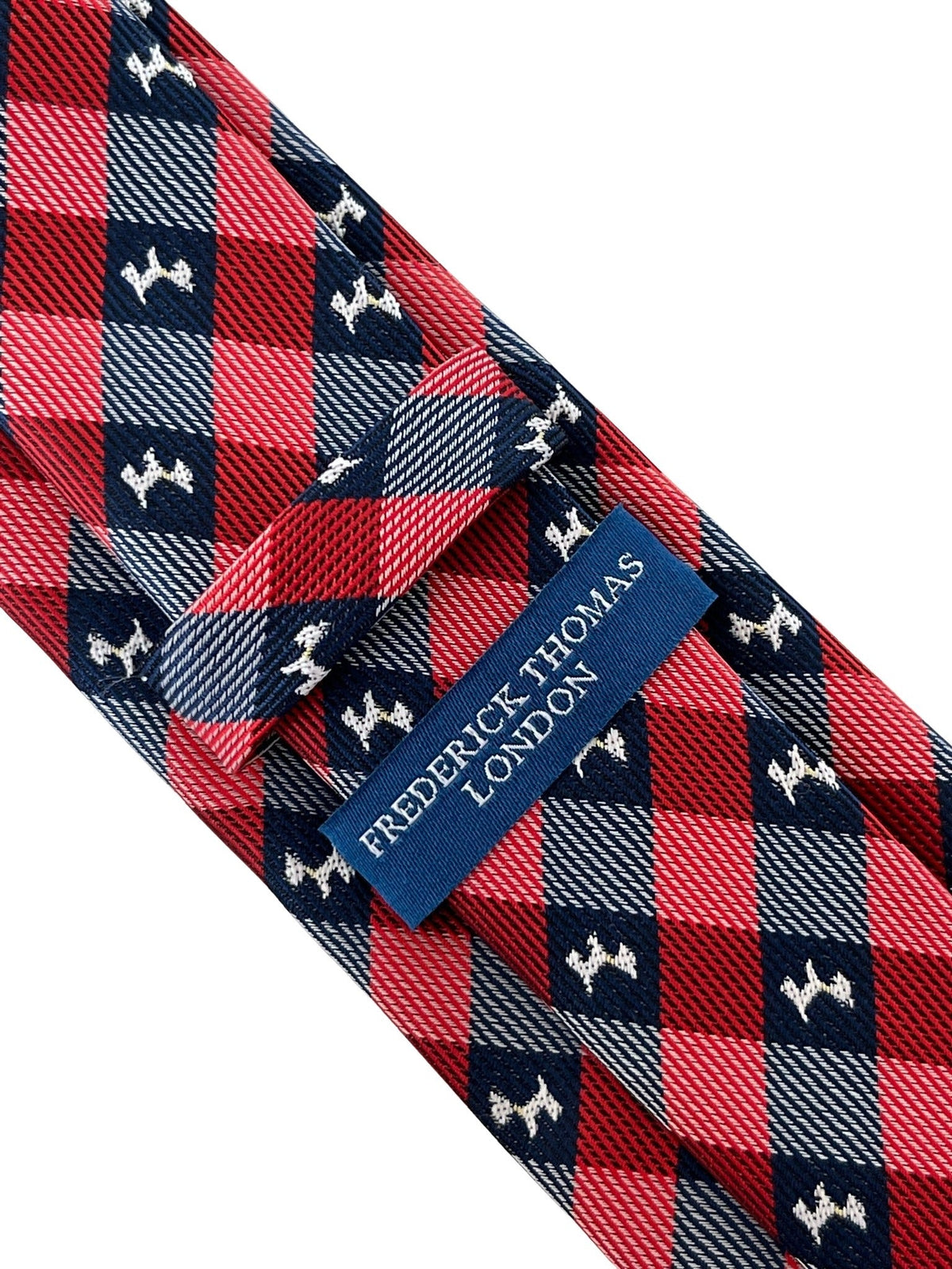 red and dark navy blue plaid gingham style  tie with scottie dog, Scottish Terrier design
