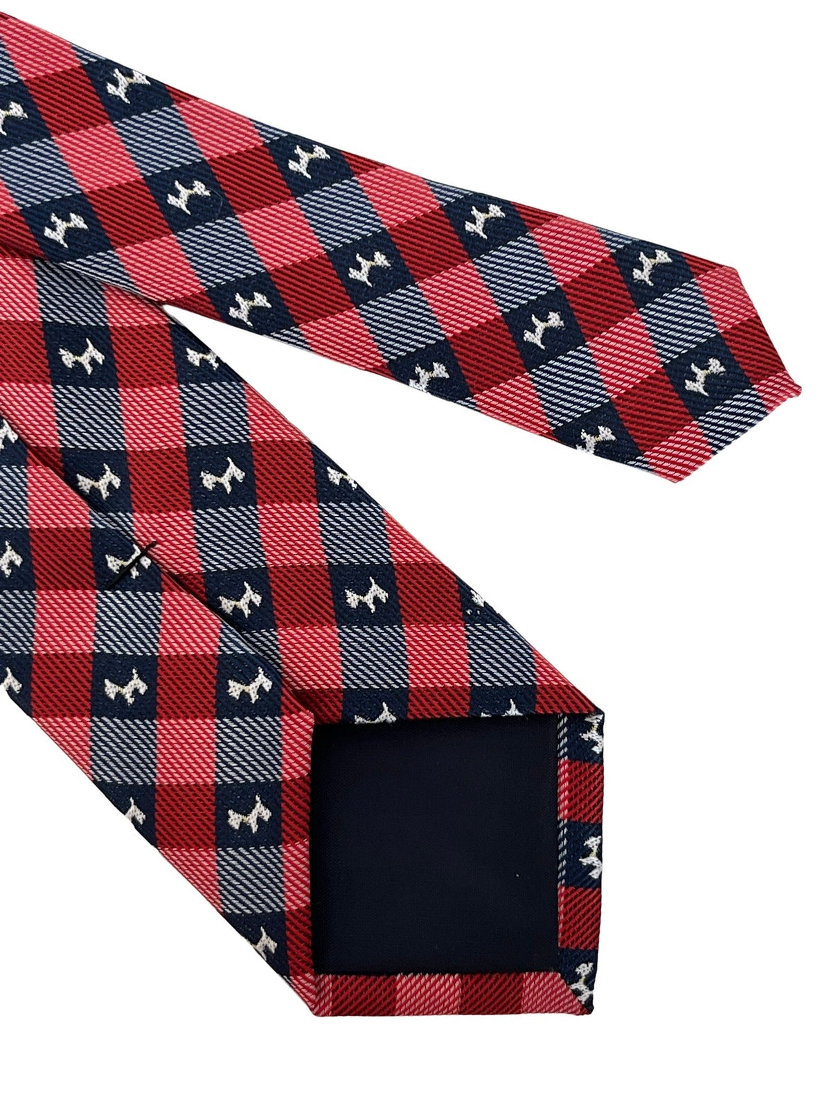 red and dark navy blue plaid gingham style  tie with scottie dog, Scottish Terrier design