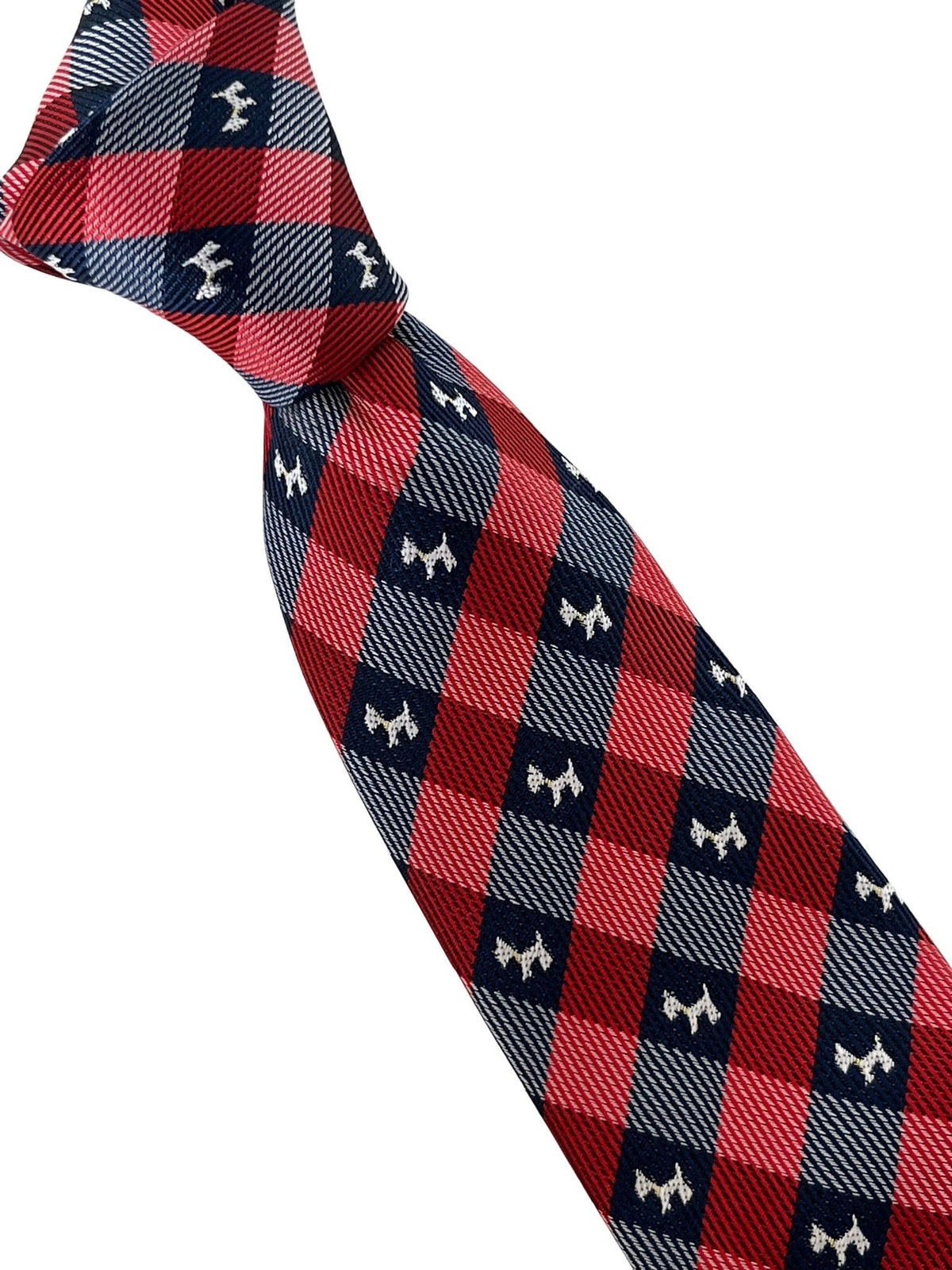 red and dark navy blue plaid gingham style  tie with scottie dog, Scottish Terrier design