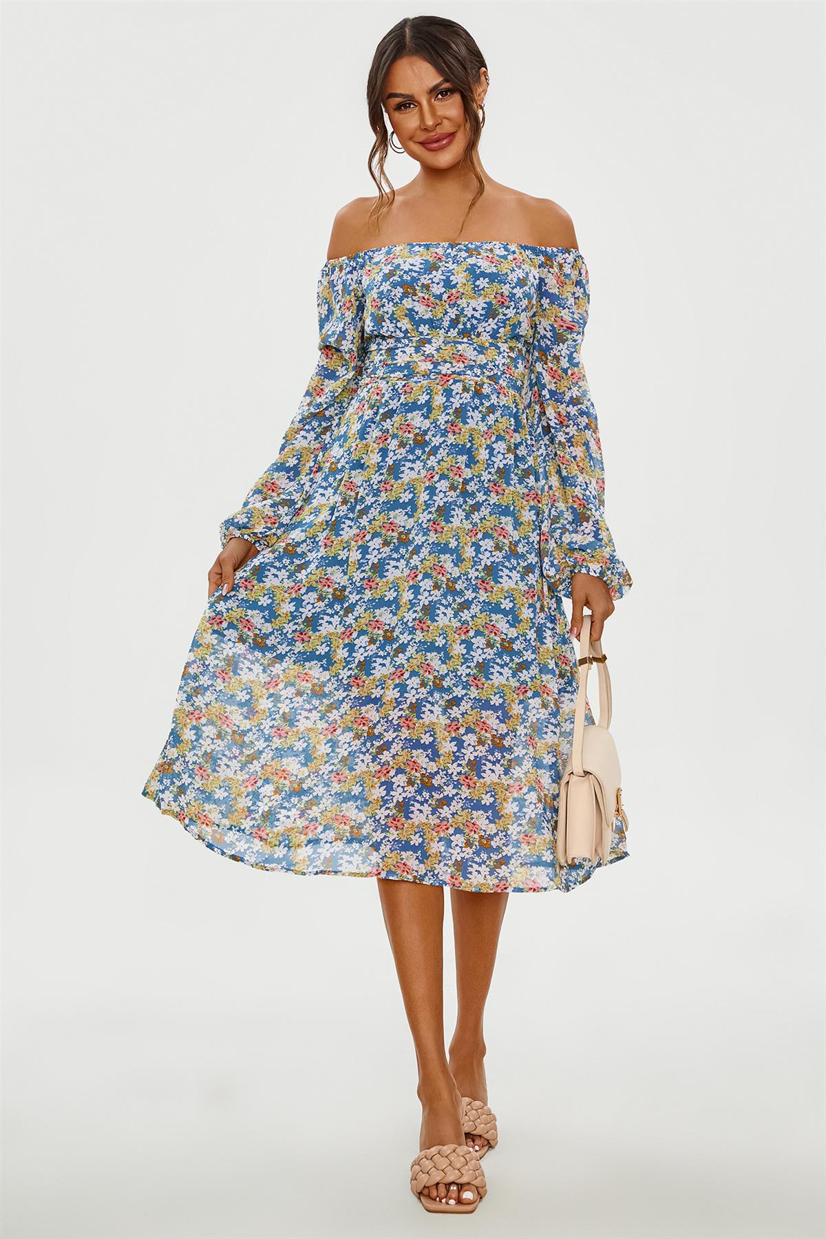 Floral Print Long Sleeve Maxi Dress In Blue