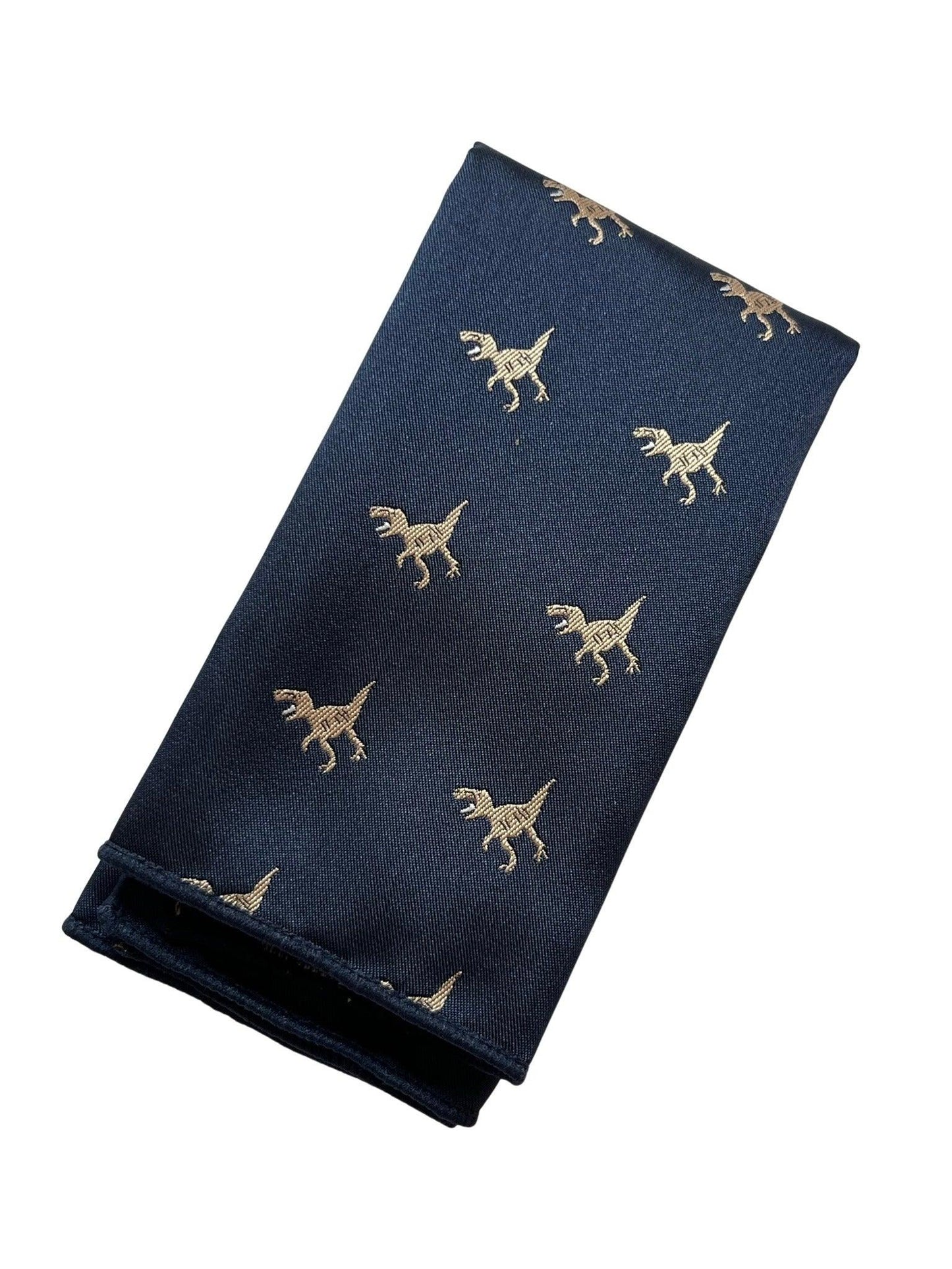 navy pocket square with embroidered T-rex design