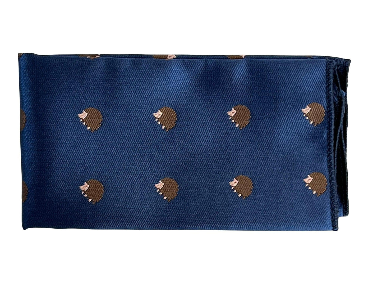 navy dark blue pocket square with embroidered hedgehog design