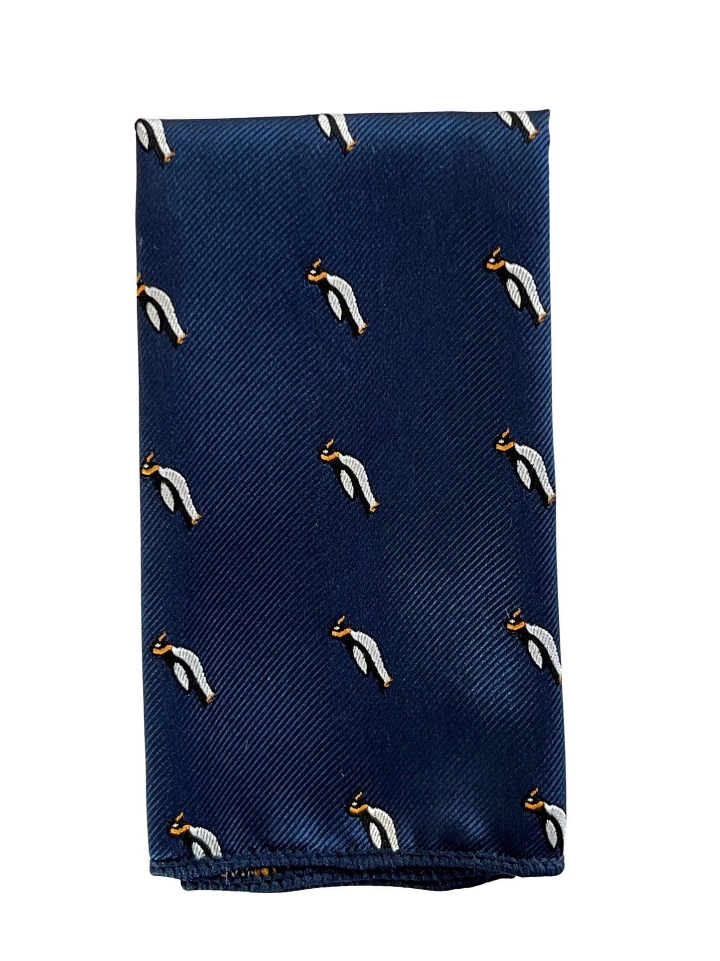 navy blue pocket square with embroidered penguin design