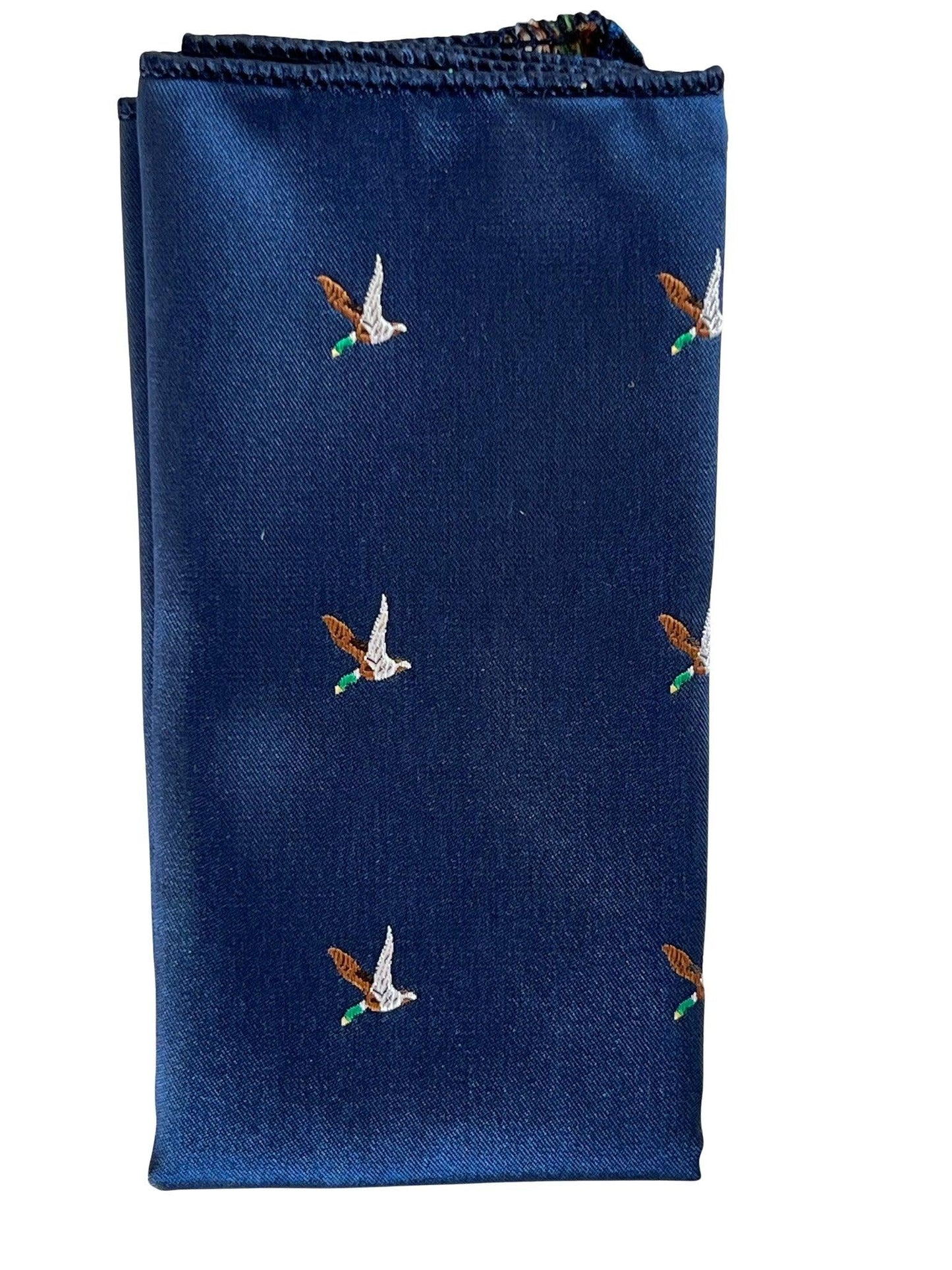 navy blue pocket square with embroidered flying hunting duck bird design