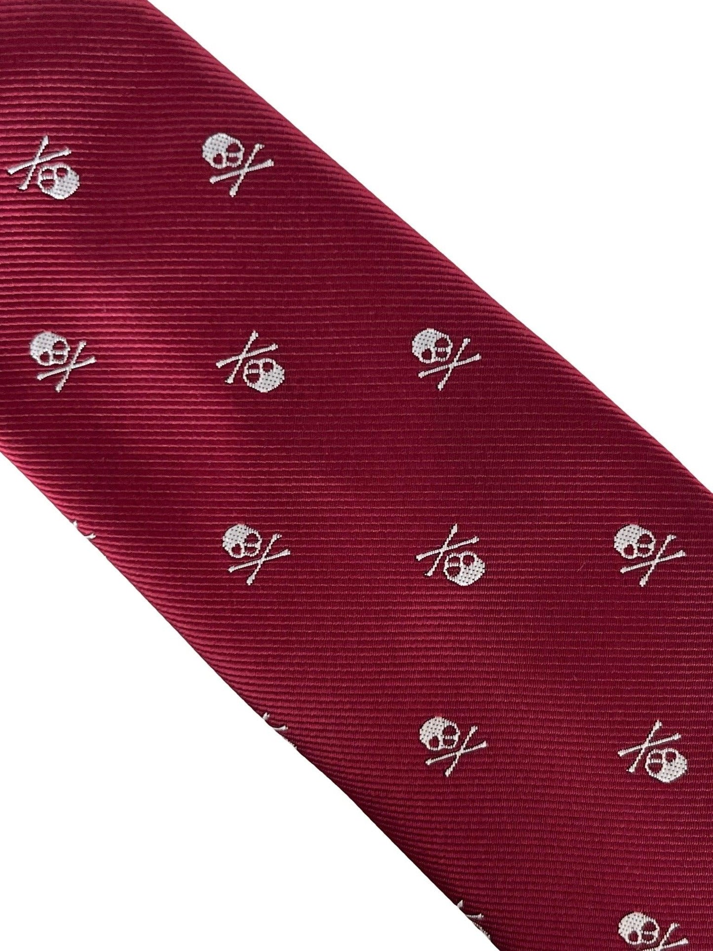 dark red maroon tie with  skull and crossbones design