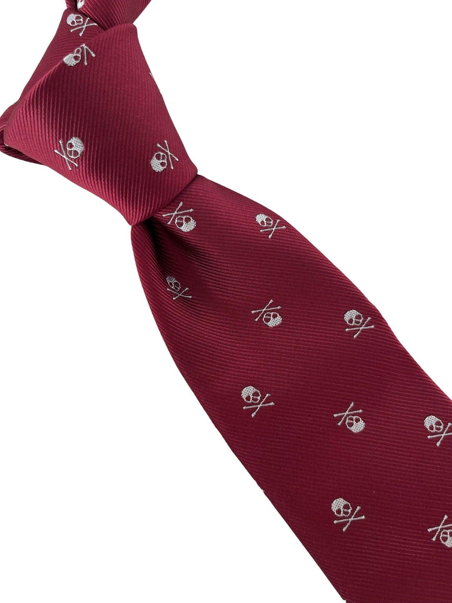 dark red maroon tie with  skull and crossbones design