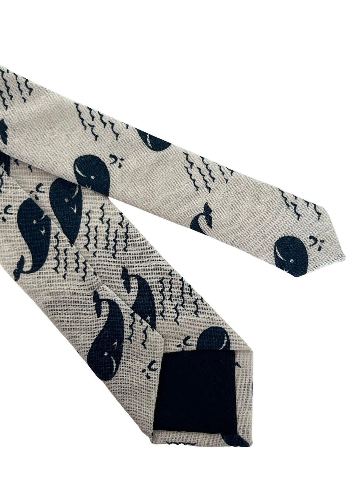 ivory cream cotton tie with blue whale nautical design