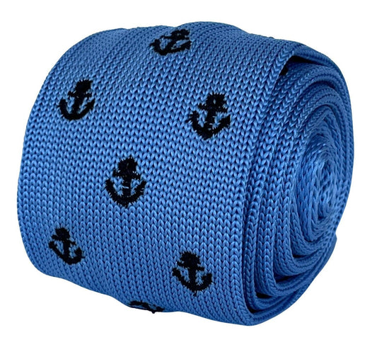 light baby blue knitted tie with nautical anchor embroidered design