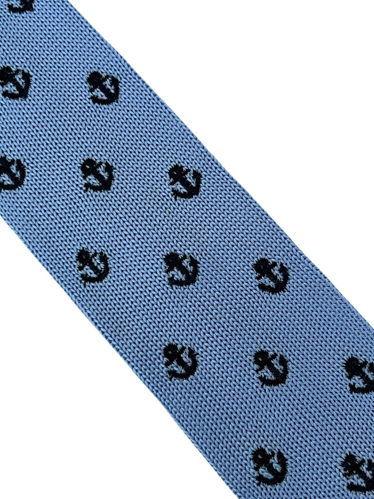 light baby blue knitted tie with nautical anchor embroidered design
