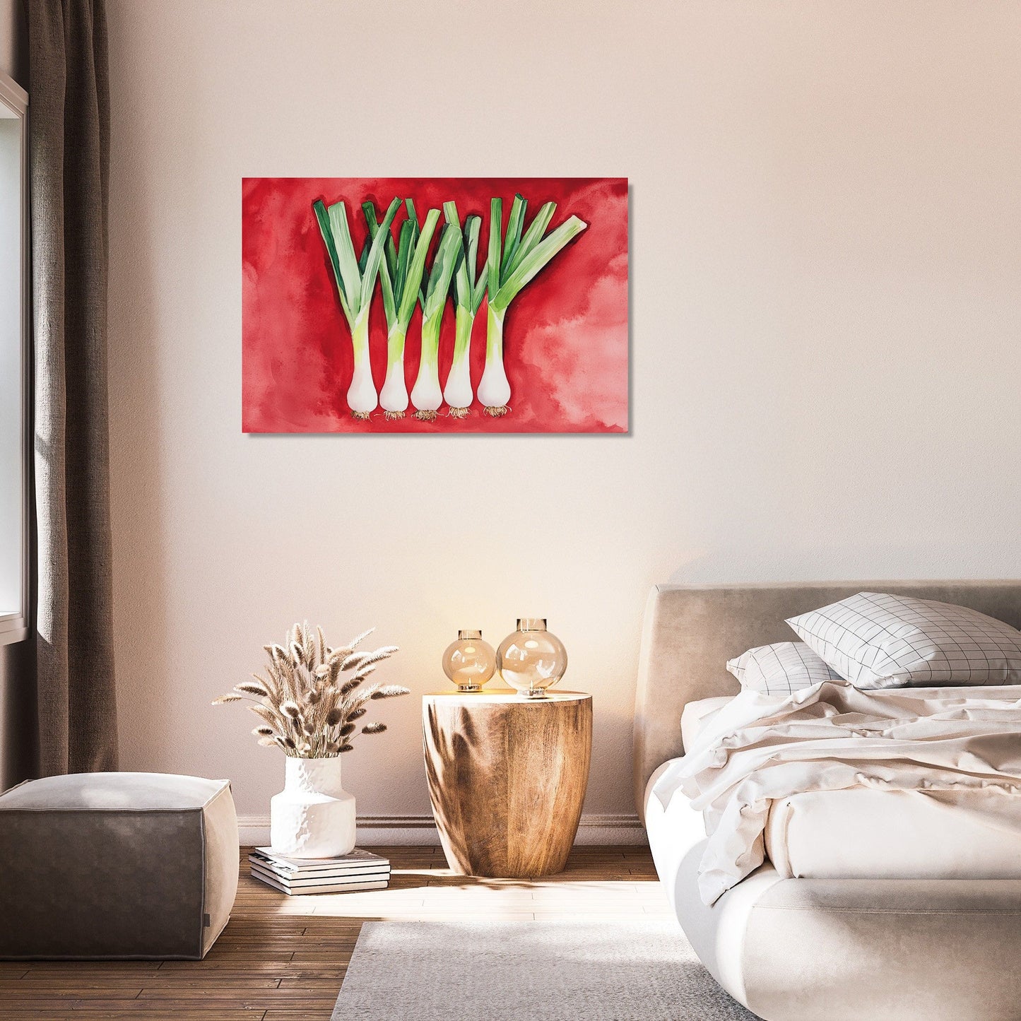 Elegant Leeks on Red Canvas