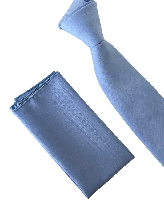 Matching light baby dusky pale blue bamboo tie and pocket square
