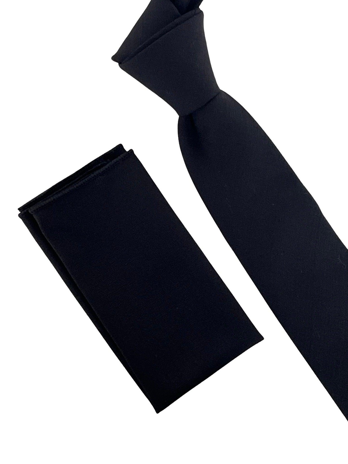 Matching plain black bamboo tie and pocket square