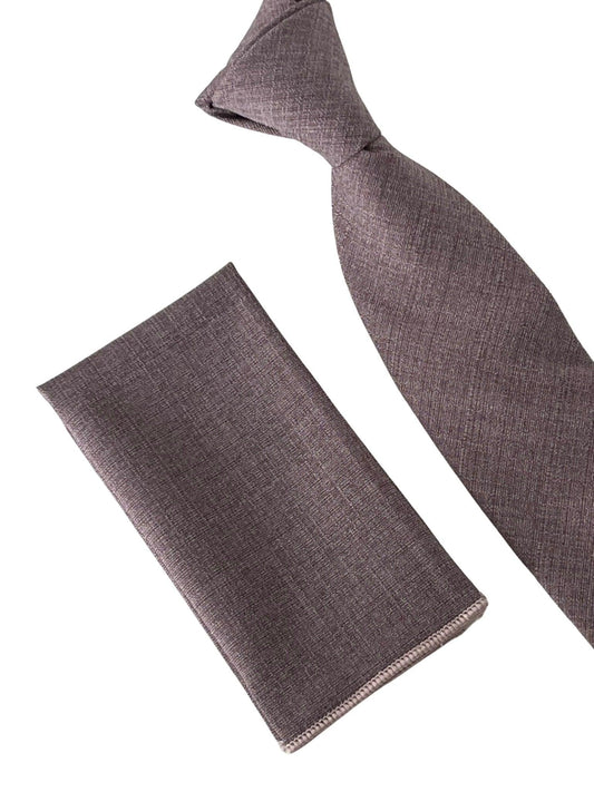 Matching plain mauve brown bamboo tie and pocket square