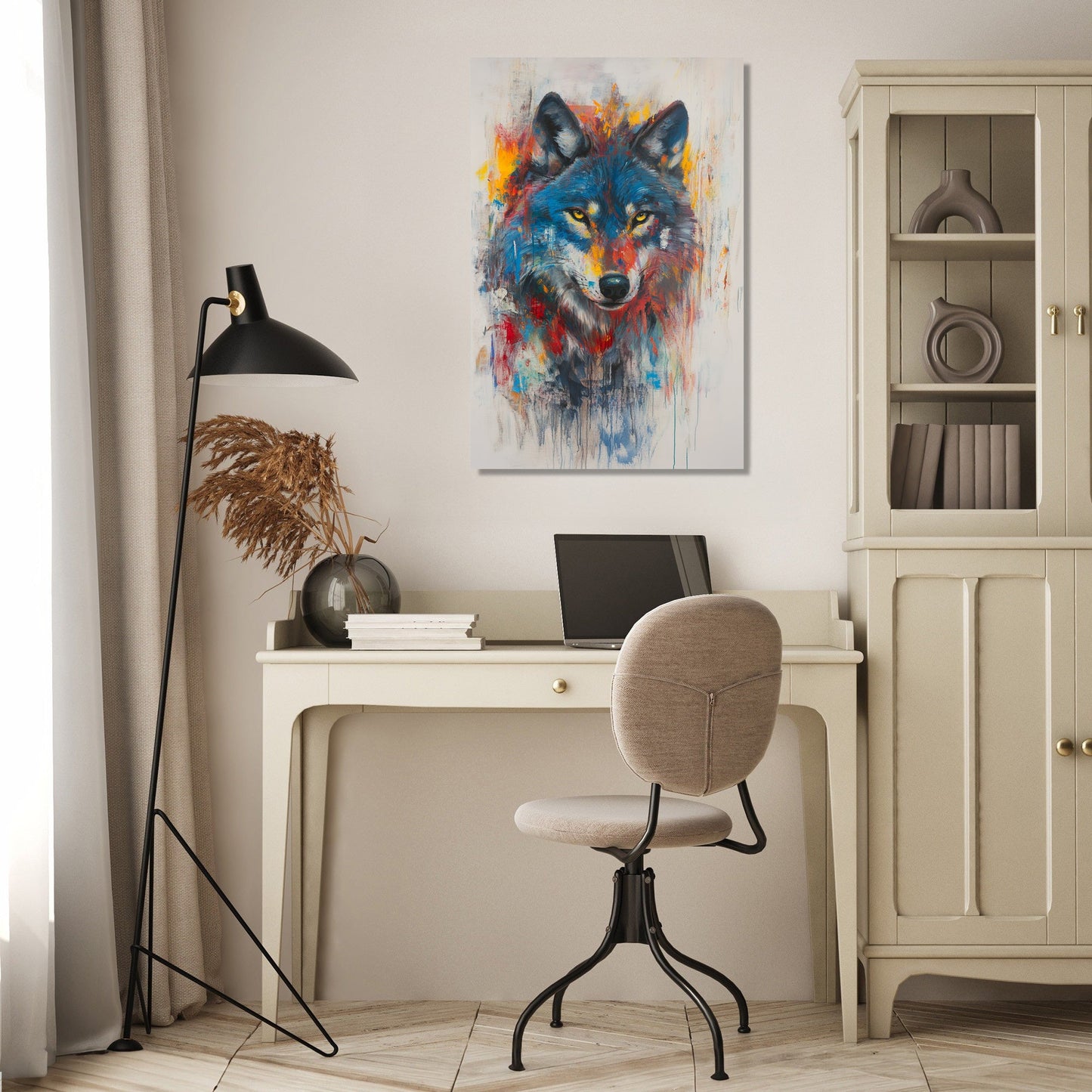 Vibrant Wolf on Grey Canvas