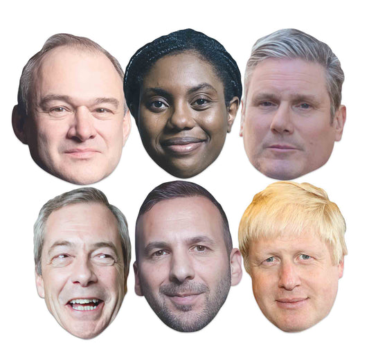 SMP472 British Politics Six Pack Masks - Ed Davey, Kemi Badenoch, Zack Polanski, Kier Starmer, Nigel Farage & Boris Johnson