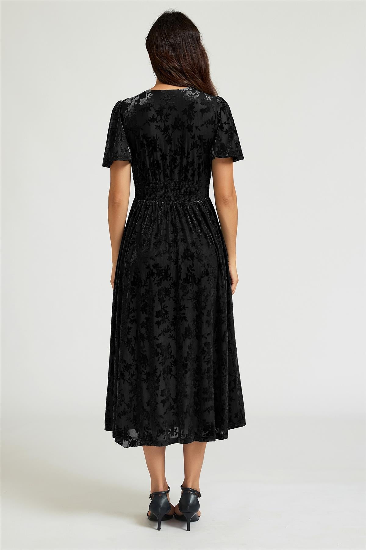Floral Velvet Devore V neckline Dress In Black