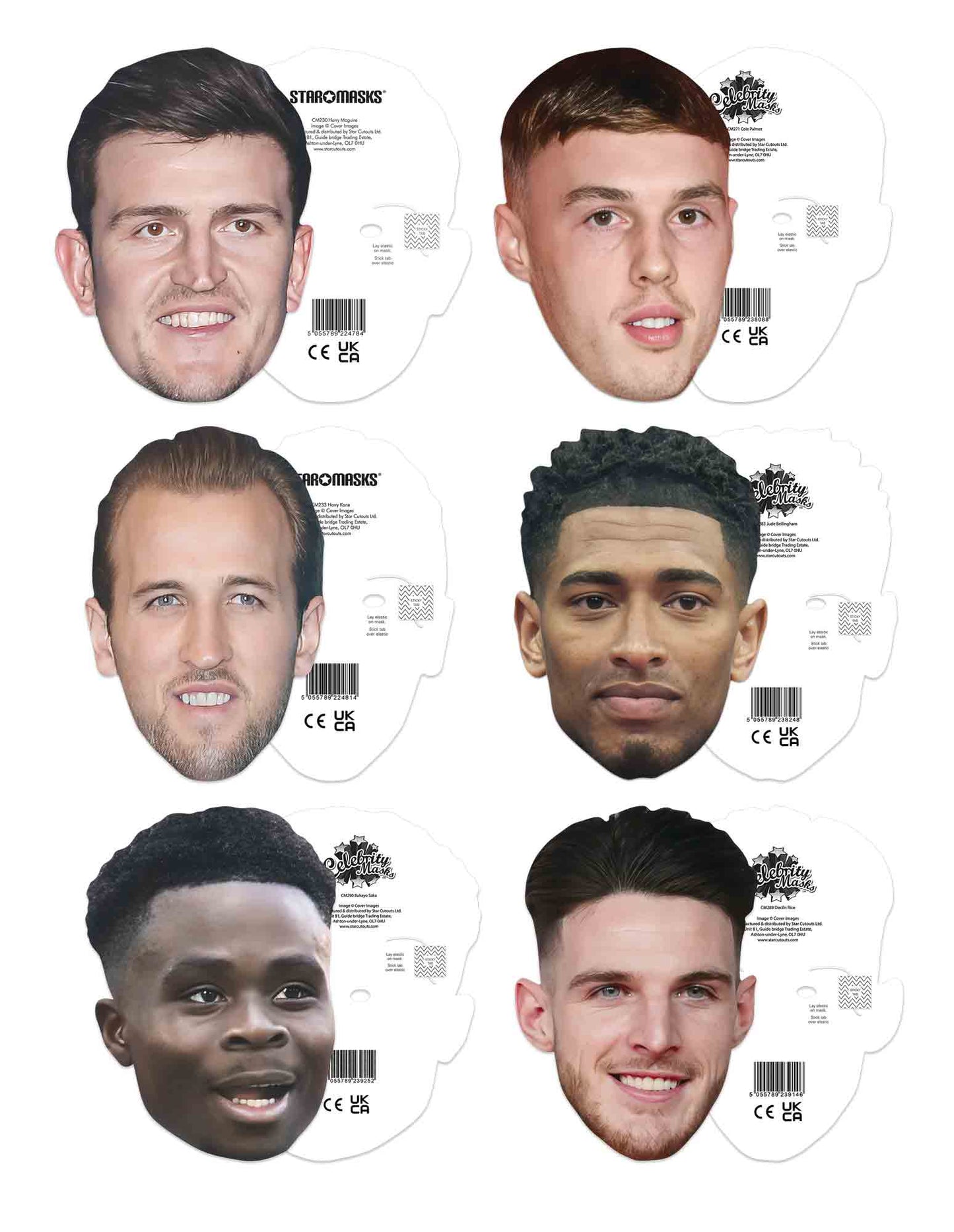 SMP473 England World Cup 2026 Six Pack Masks - Declan Rice, Bukayo Saka, Jude Bellingham, Harry Kane, Cole Palmer & Harry Maguire - Footballers