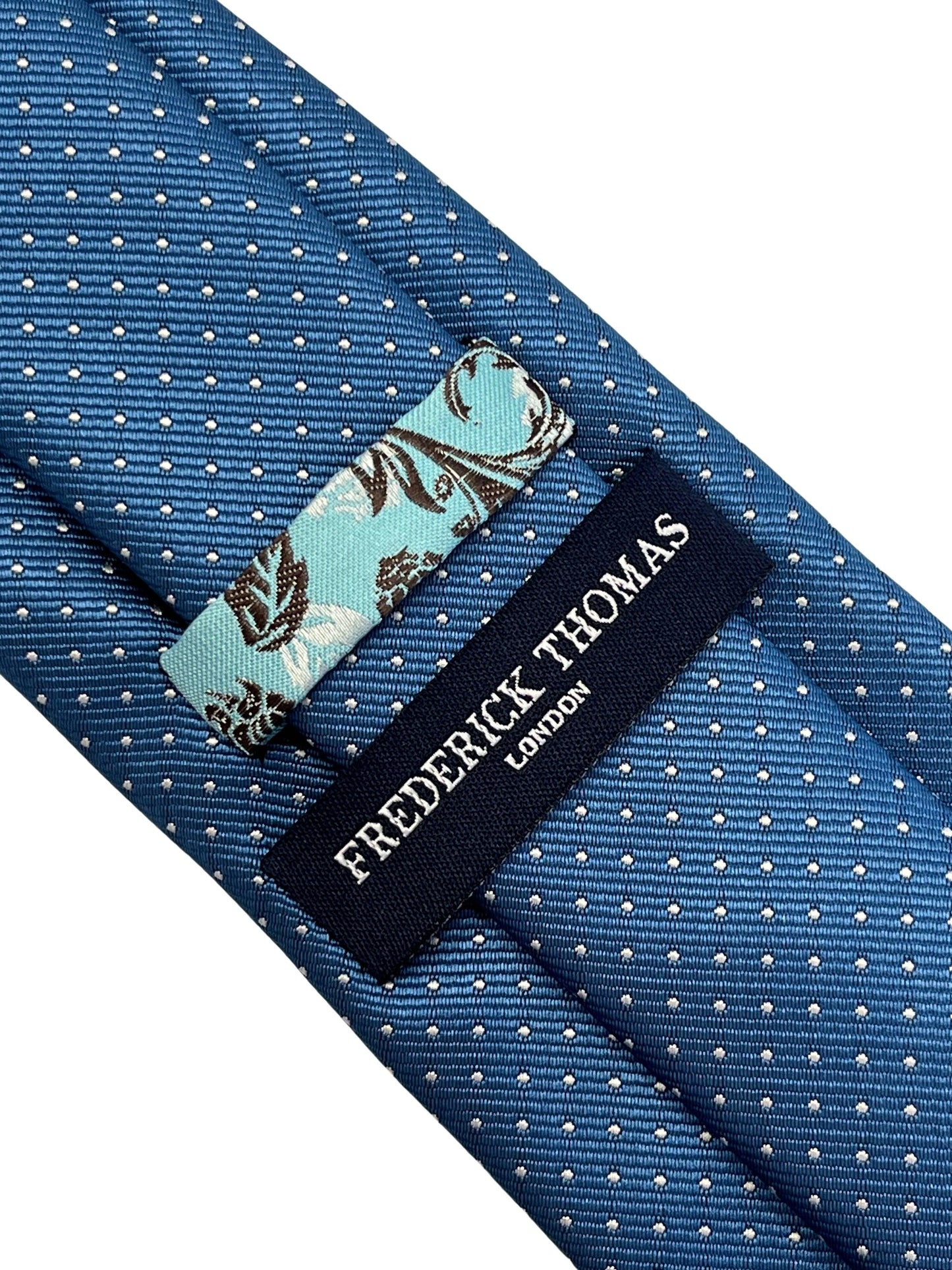 Cobalt, petrol blue, azure tie with white pin spot tie