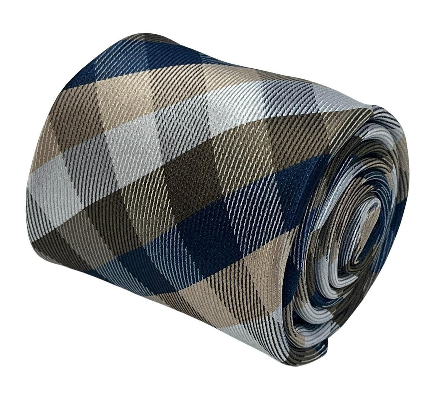 Gold, silver and navy dark blue plaid checked tie