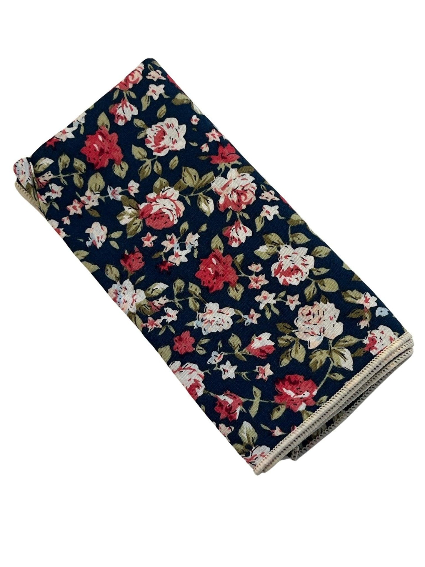 Navy with pink peony rose flower floral design cotton  pocket square