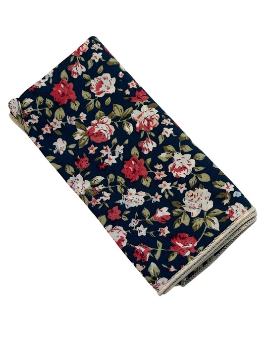 Navy with pink peony rose flower floral design cotton  pocket square
