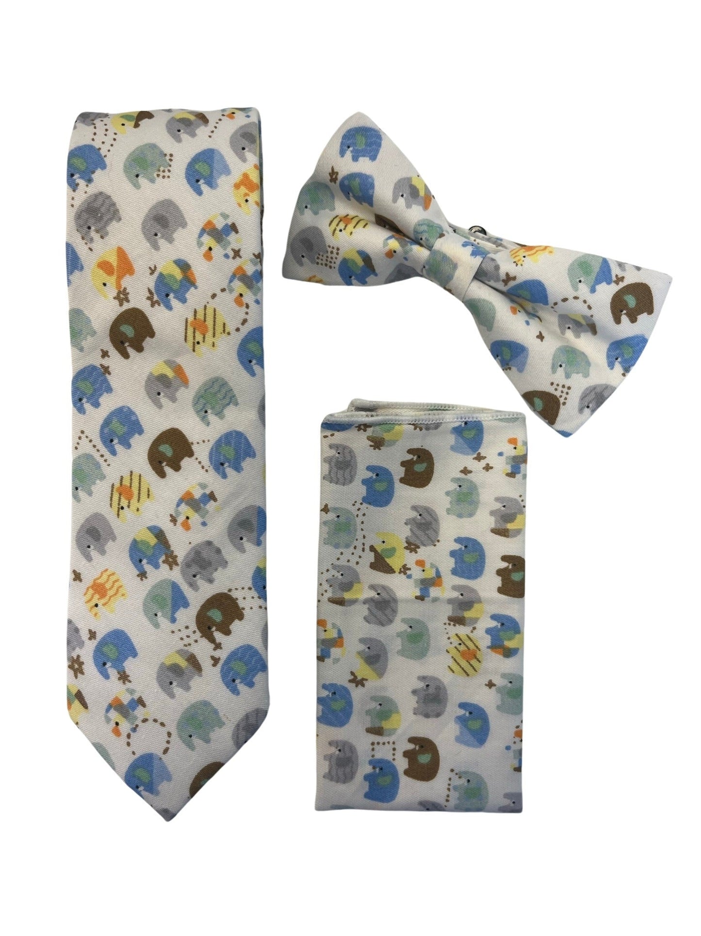 Ivory cotton adult bow tie with colourful elephant design