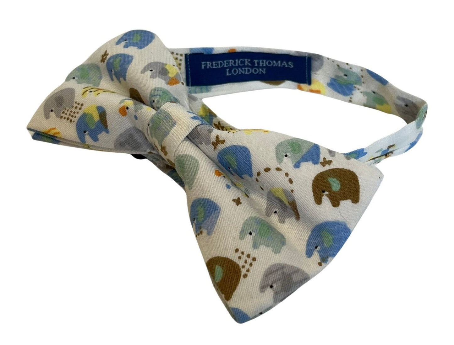Ivory cotton child's bow tie with colourful  elephants design