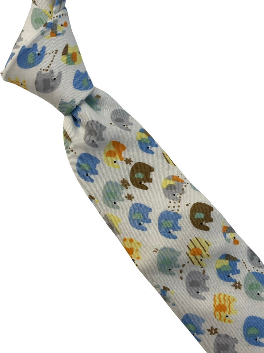 Ivory cotton tie with colourful elephants design