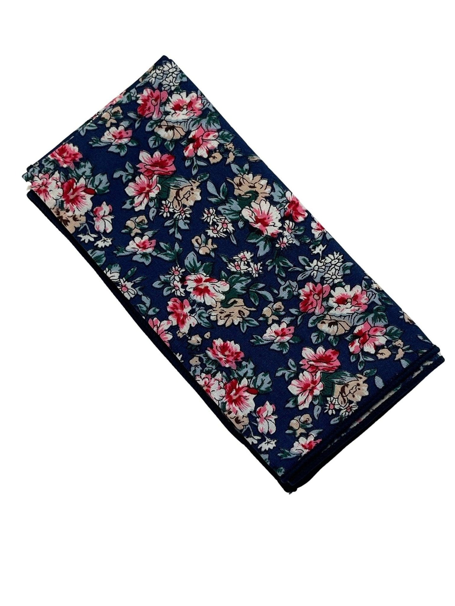 Navy with English wildflower garden, rose, daisy, flower, floral design cotton  pocket square