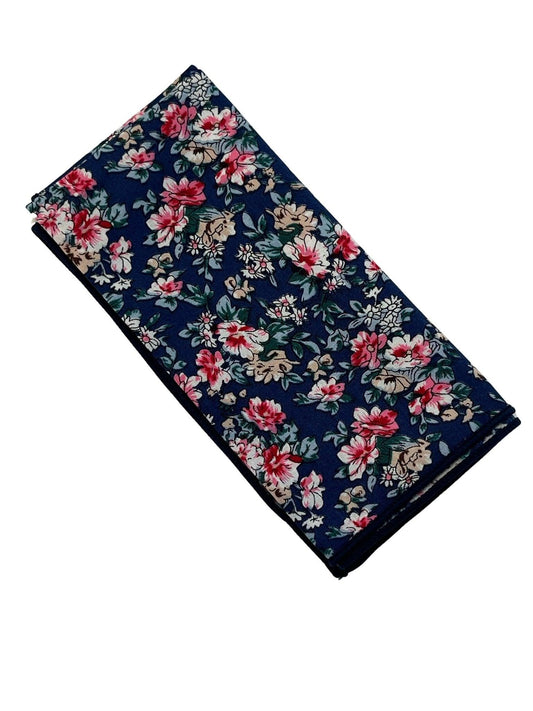 Navy with English wildflower garden, rose, daisy, flower, floral design cotton  pocket square