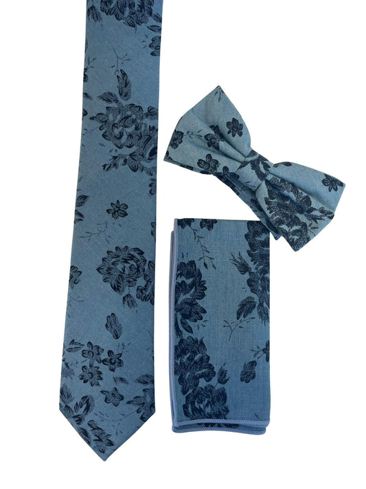 Medium denim blue stencil english wild-flower floral design cotton pocket square