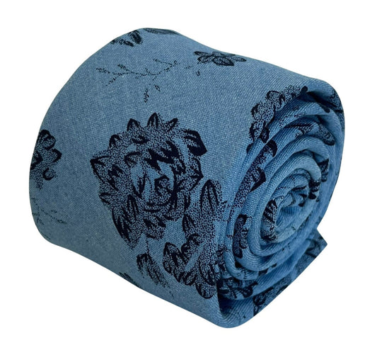 Medium denim blue stencil english wild-flower floral design cotton tie