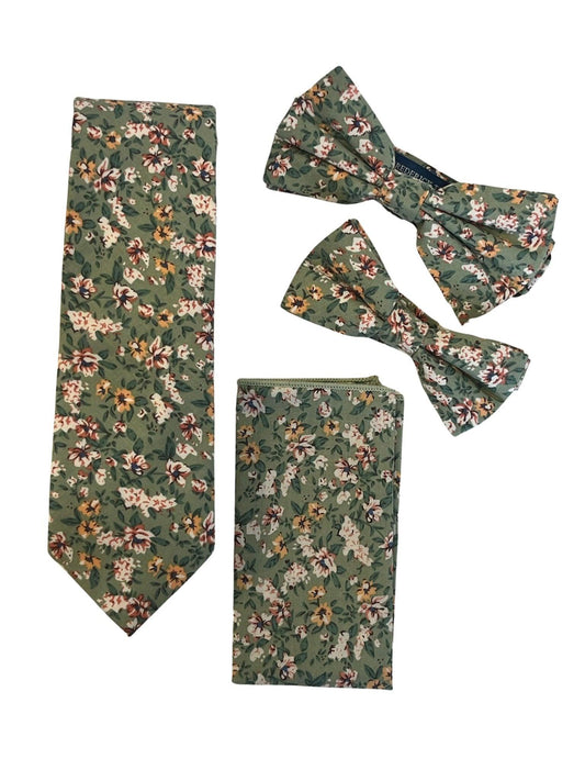 Sage green, light olive stencil english wild-flower floral design  cotton pocket square