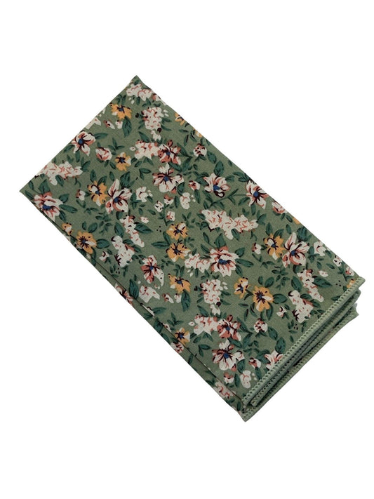 Sage green, light olive stencil english wild-flower floral design  cotton pocket square