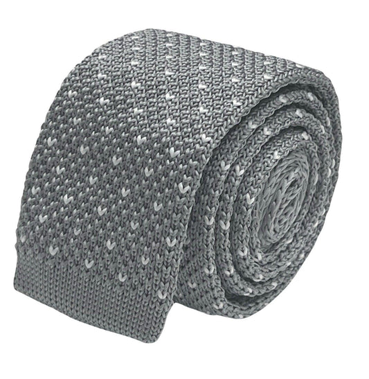 Light silver grey knitted  tie with white pin spots
