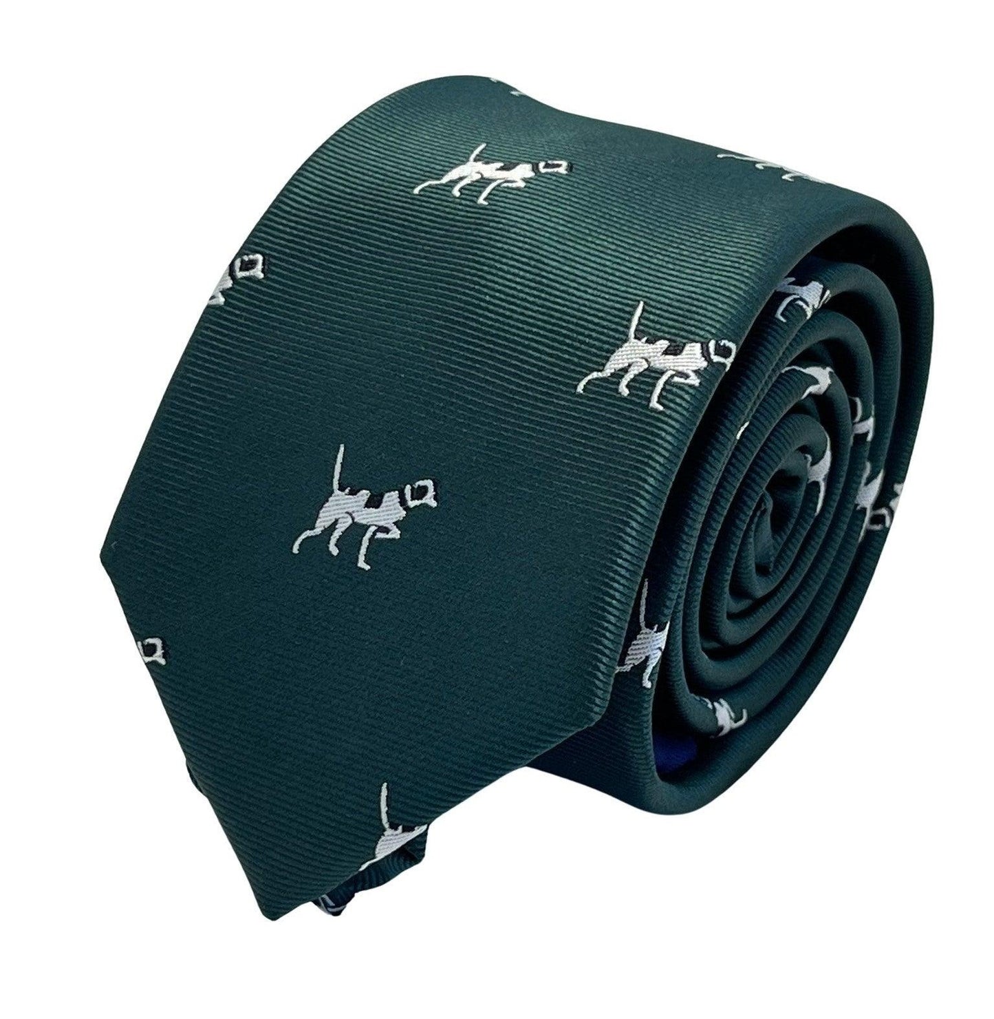 Dark forest racing green  tie with beagle bloodhound hunting gun dog design