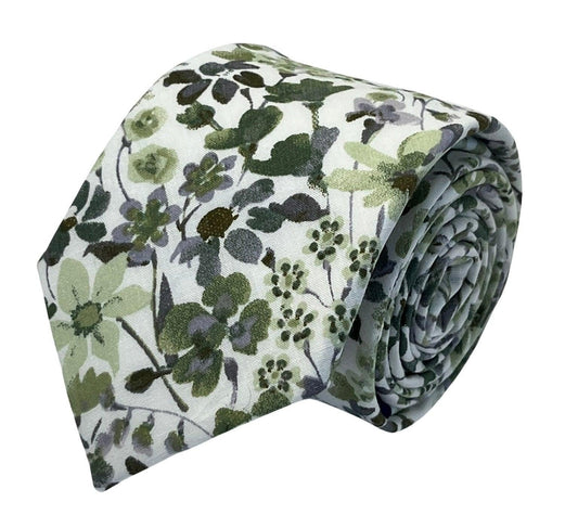 Green and white tie with wildflower English meadow spring floral garden cotton design
