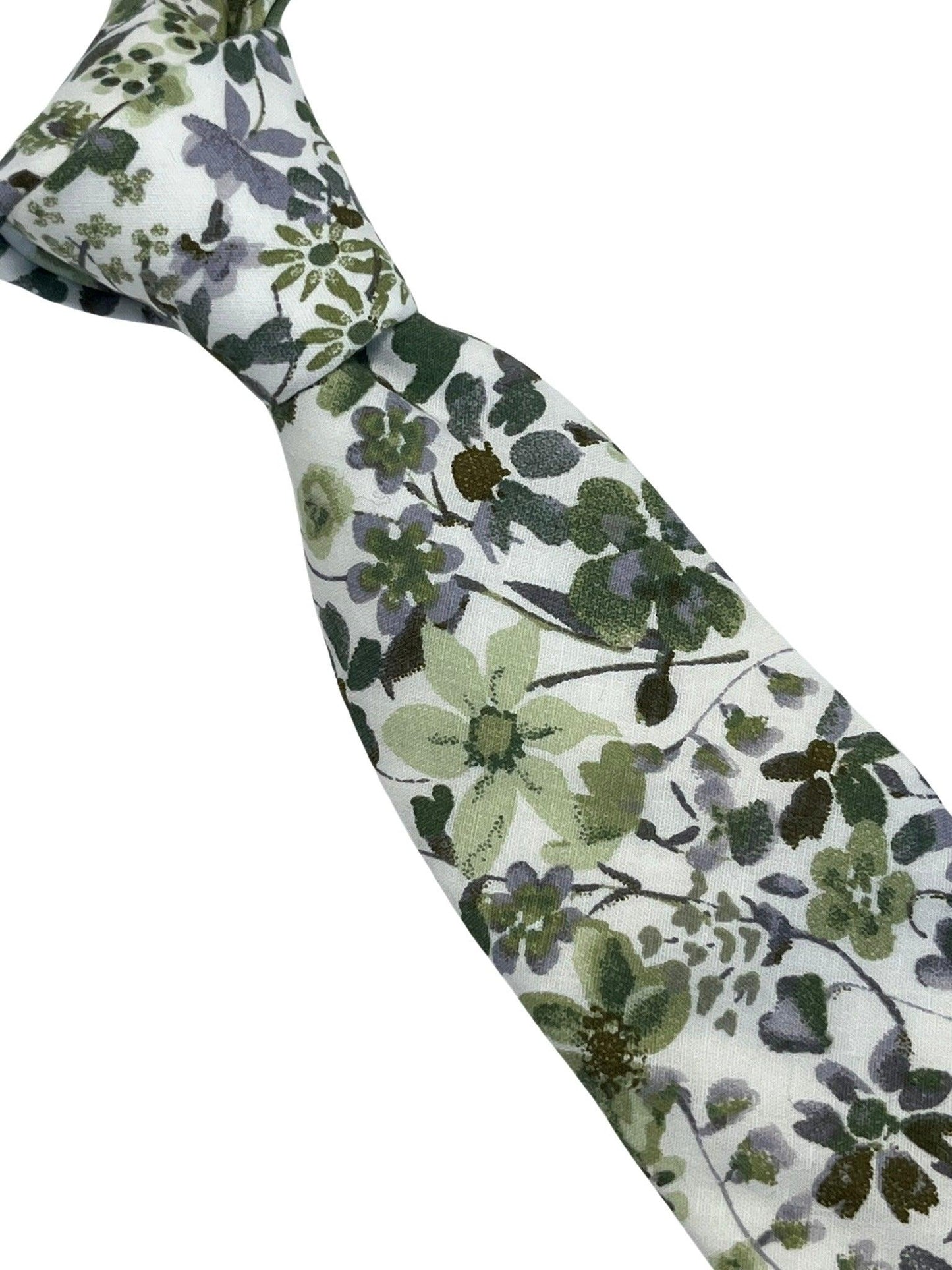 Green and white tie with wildflower English meadow spring floral garden cotton design