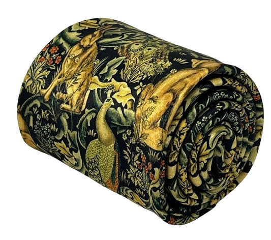 Black tie with peacock hare rabbit woodland liberty style