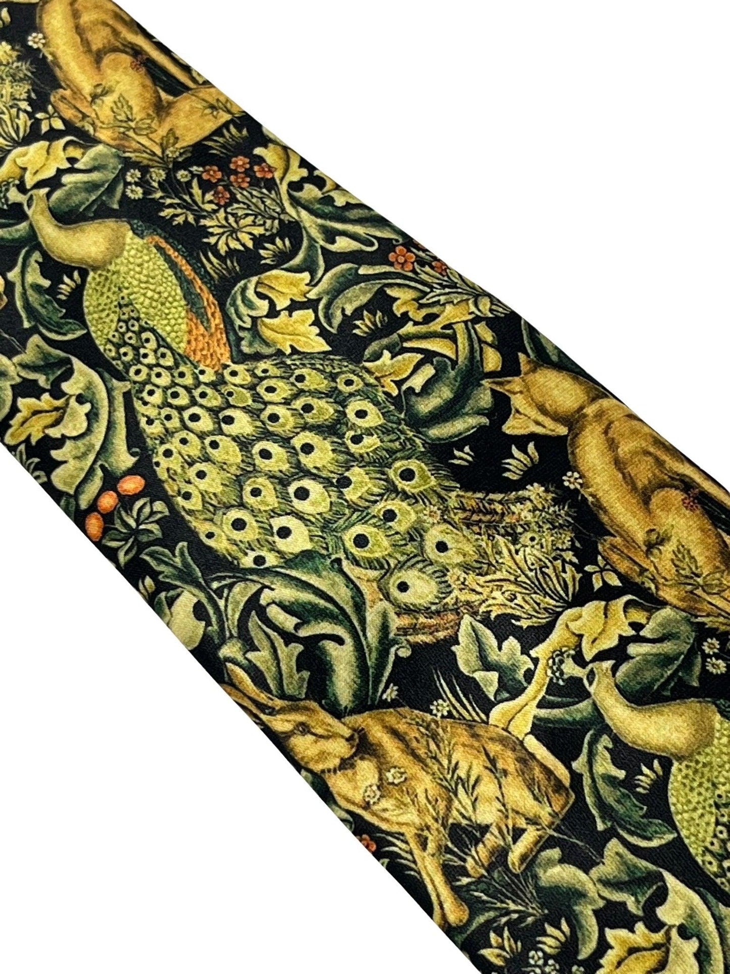 Black tie with peacock hare rabbit woodland liberty style