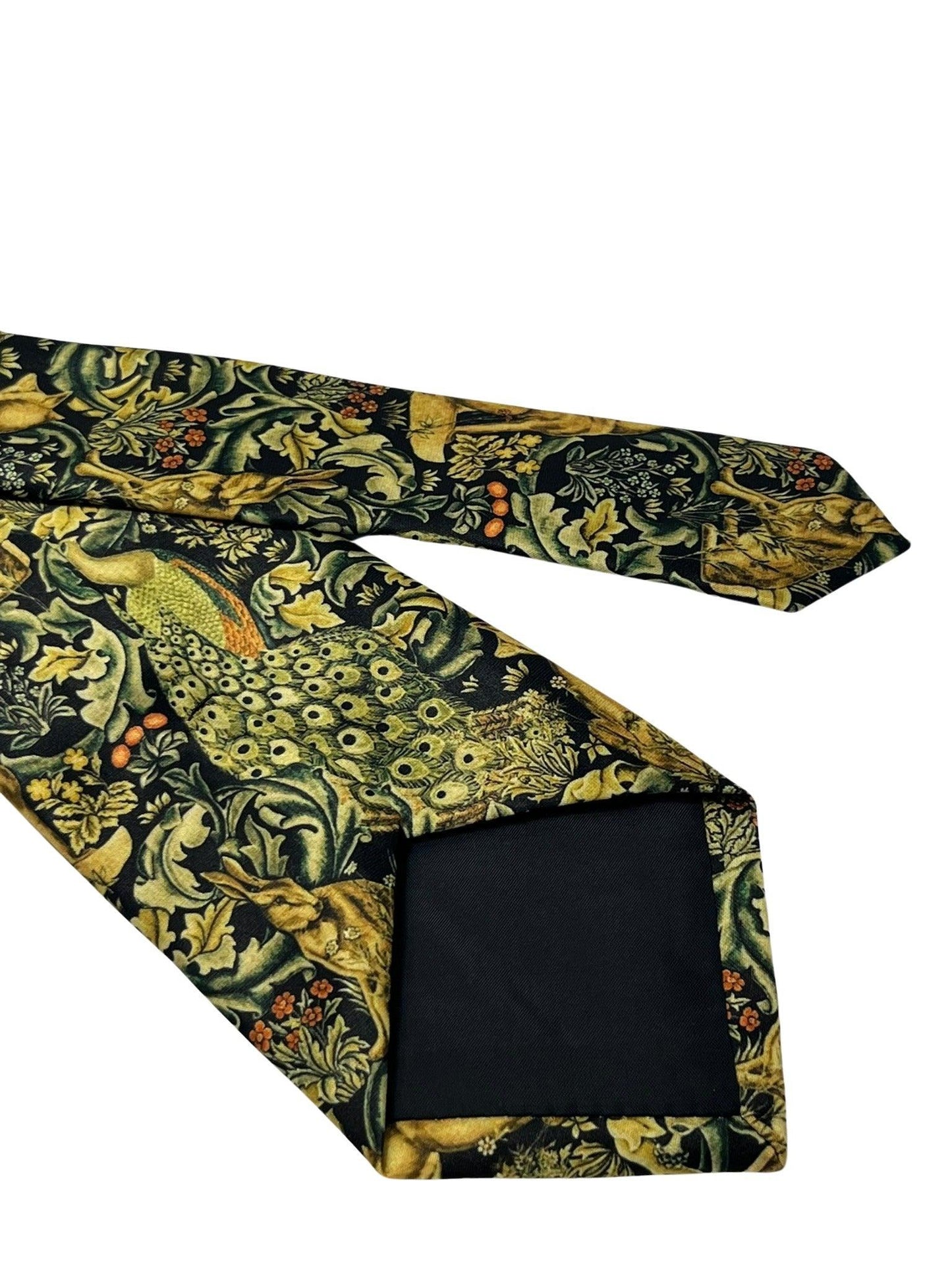 Black tie with peacock hare rabbit woodland liberty style