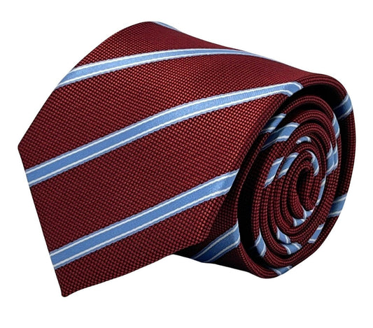 Maroon tie with light blue stripe
