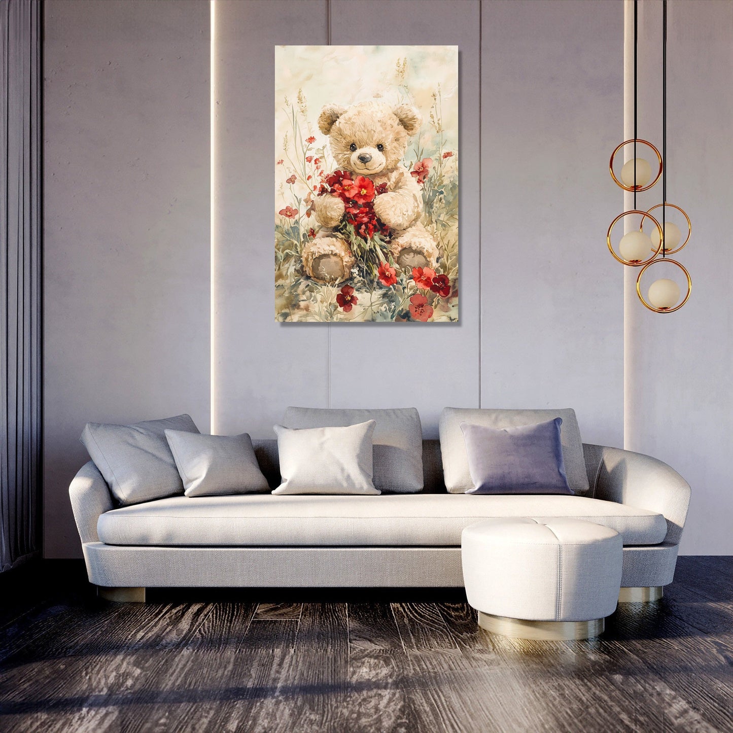 Teddy's Floral Embrace Canvas
