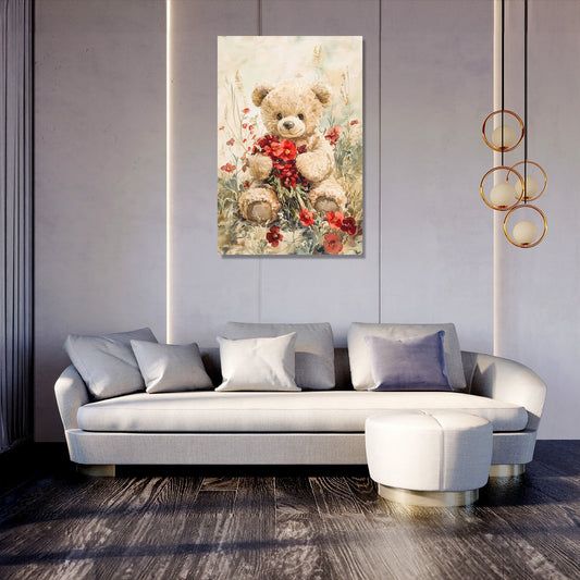 Teddy's Floral Embrace Canvas