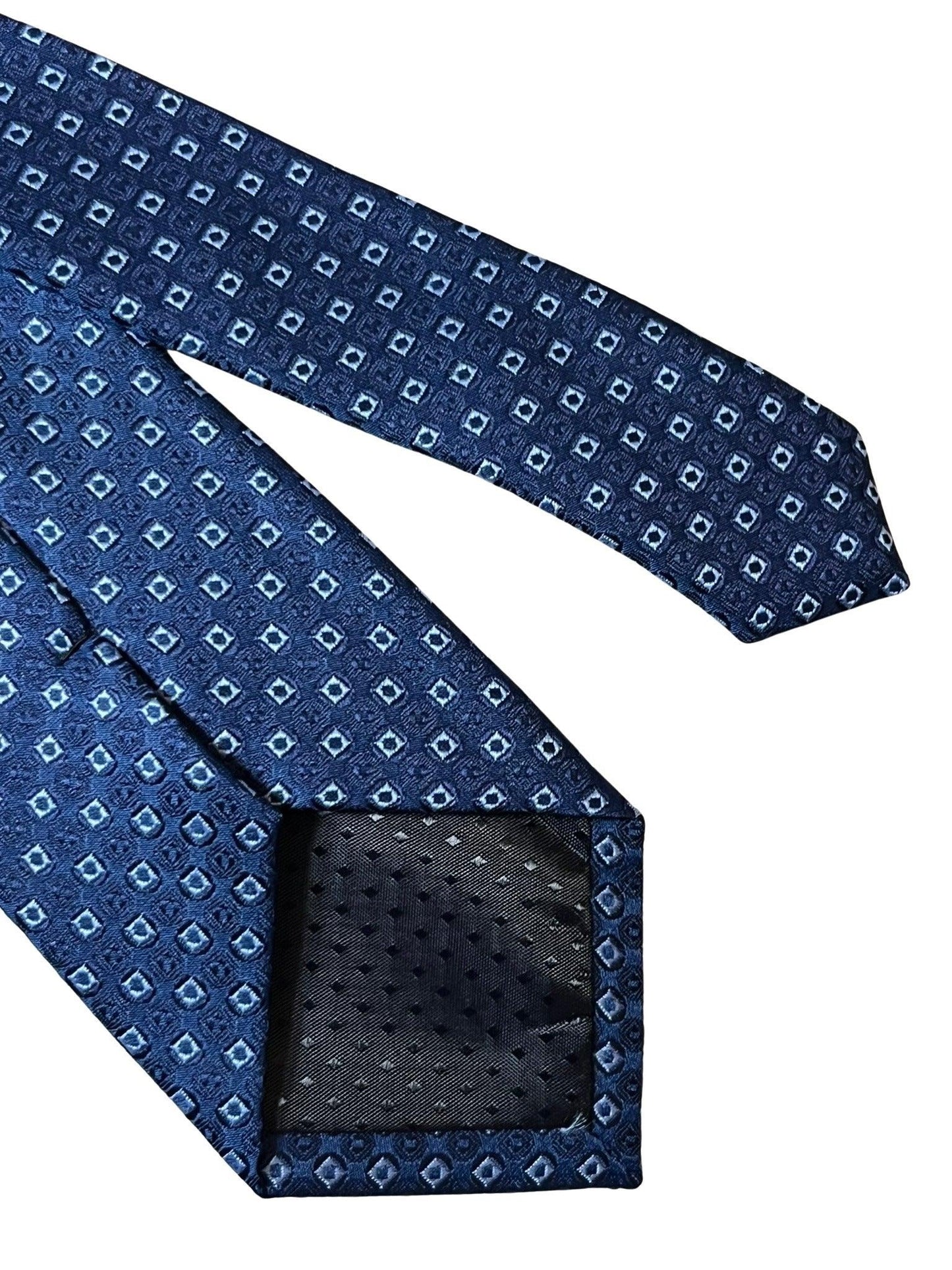dark blue navy tie with square spotted design
