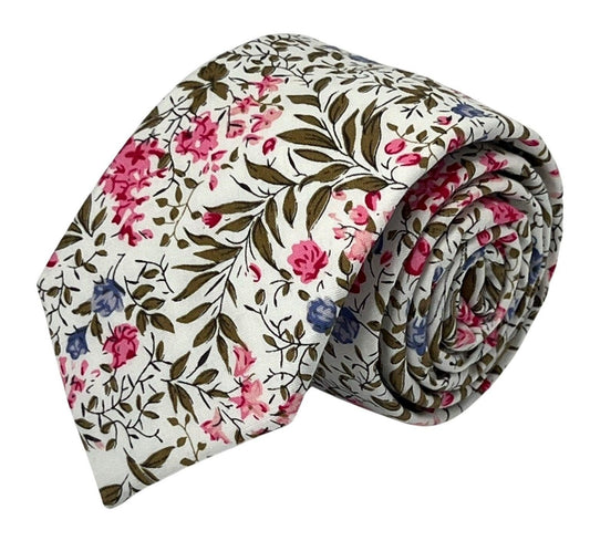 ivory pink cotton tie with english wildflower garden design