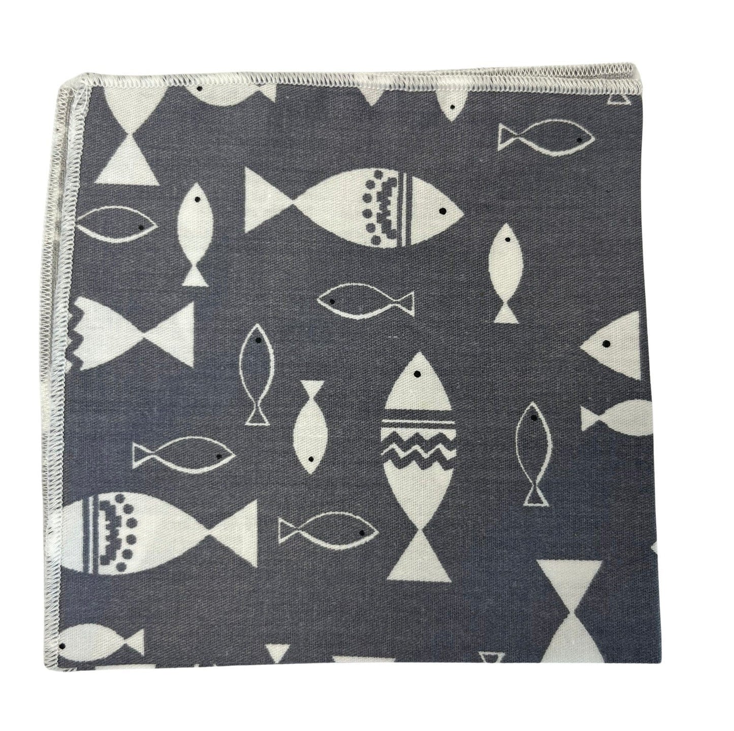 light pale gray grey  cotton pocket square with fish aquatic nautical print