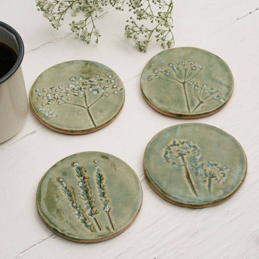 Juliet Reeves Green Meadow Wild Flower Ceramic Coasters Set of 4