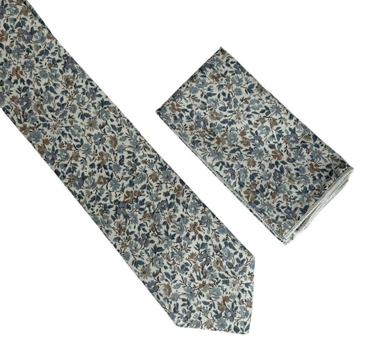dusky blue English wildflower wedding design  cotton tie and matching  pocket square